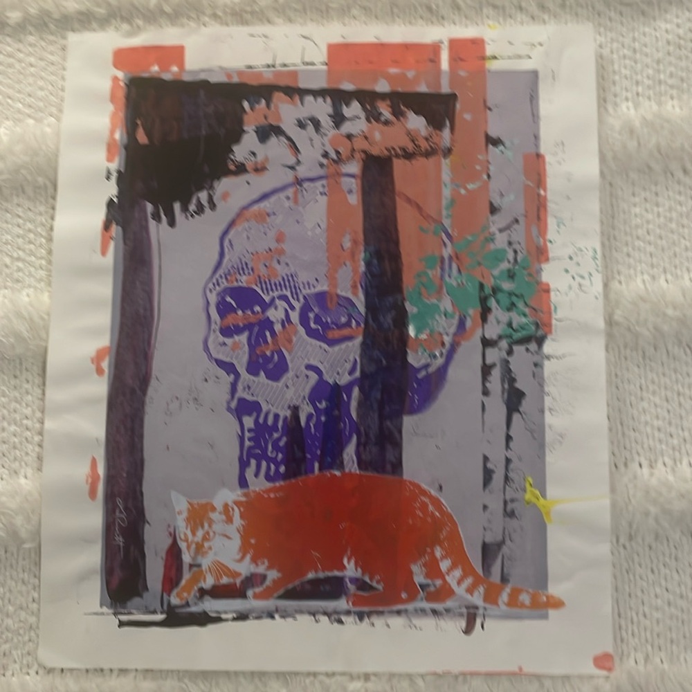 Hand painted Art signed by artist Rutt purple skull Orange Kitty Cat 14 x 16 3/8